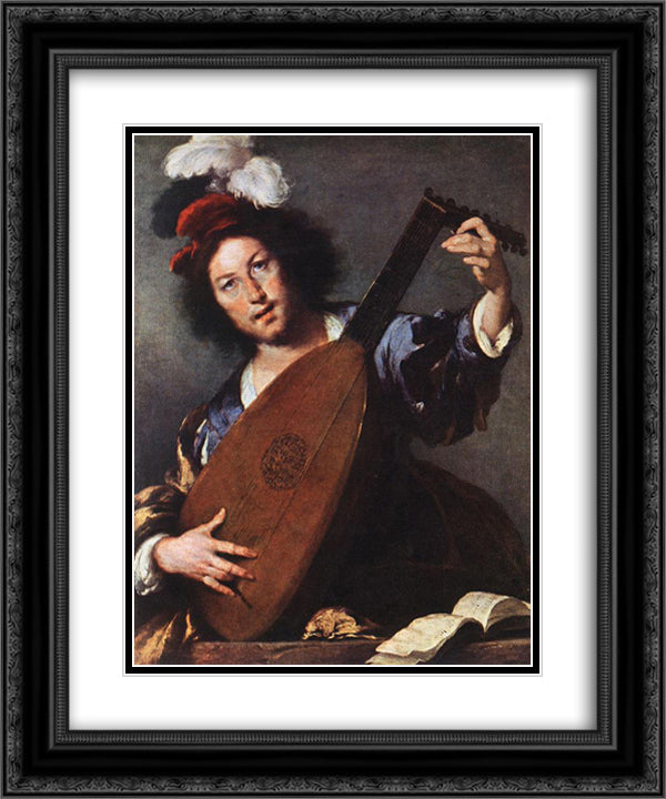 Lute Player 20x24 Black Ornate Wood Framed Art Print Poster with Double Matting by Strozzi, Bernardo
