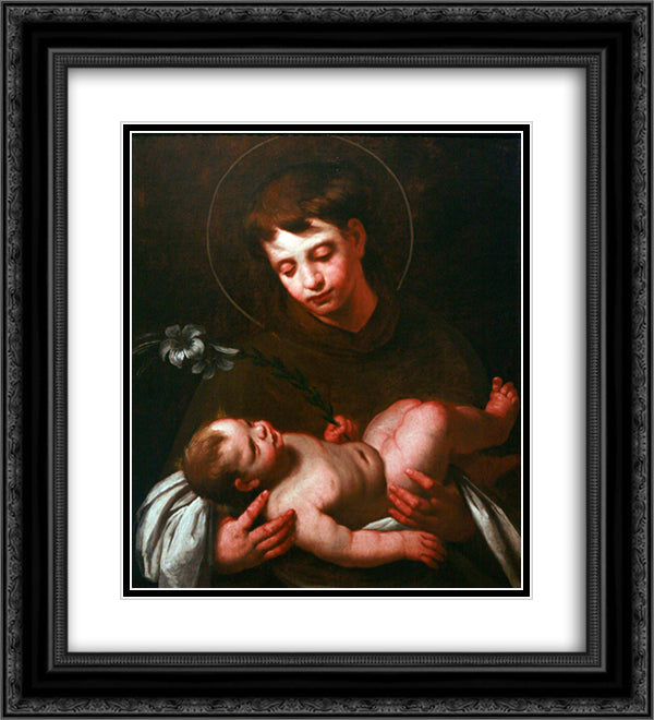 Saint Antony of Padua holding Baby Jesus 20x22 Black Ornate Wood Framed Art Print Poster with Double Matting by Strozzi, Bernardo