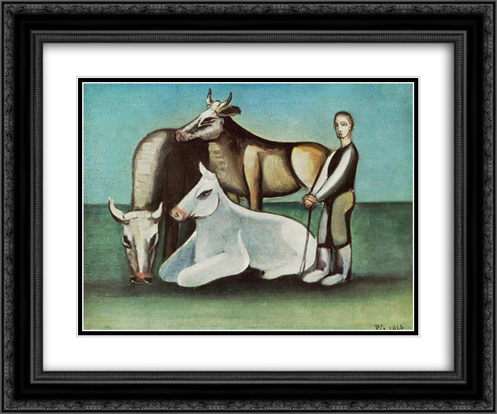 Bulls 24x20 Black Ornate Wood Framed Art Print Poster with Double Matting by Por, Bertalan