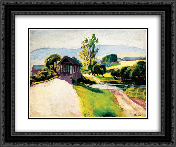 Sunlit Landscape with Bridge 24x20 Black Ornate Wood Framed Art Print Poster with Double Matting by Por, Bertalan