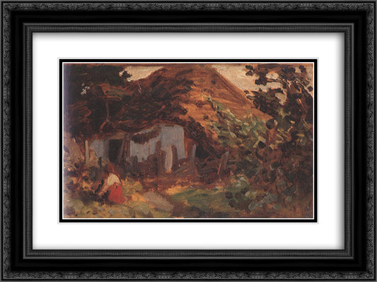 Farm-yard with Girl in Red Skirt 24x18 Black Ornate Wood Framed Art Print Poster with Double Matting by Szekely, Bertalan