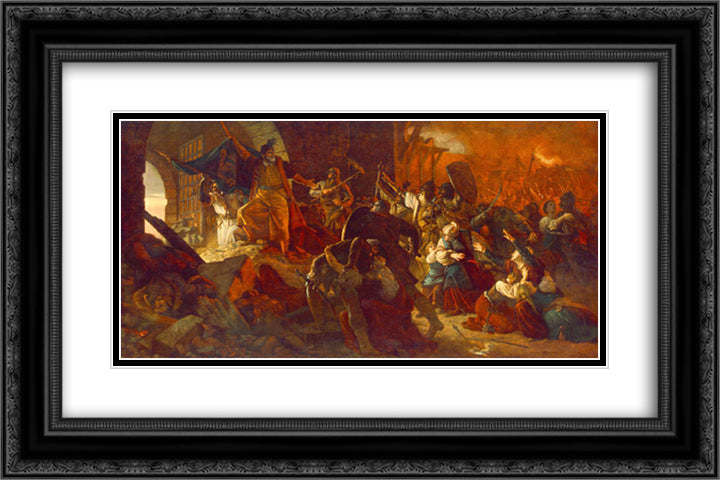 Zrinyi's Charge from the Fortress of Szigetvar 24x16 Black Ornate Wood Framed Art Print Poster with Double Matting by Szekely, Bertalan