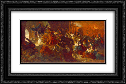 Zrinyi's Charge from the Fortress of Szigetvar 24x16 Black Ornate Wood Framed Art Print Poster with Double Matting by Szekely, Bertalan