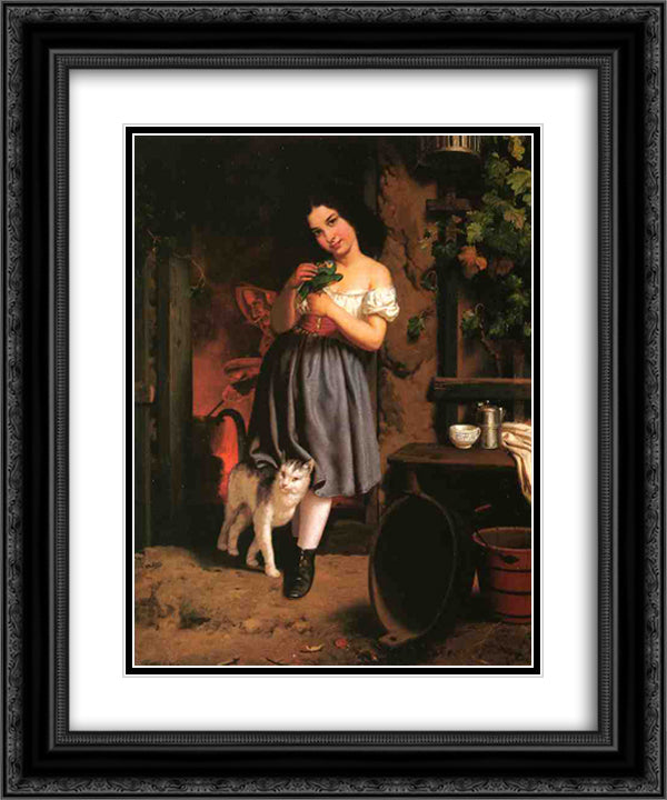 A Young Girl with Cat 20x24 Black Ornate Wood Framed Art Print Poster with Double Matting by Morisot, Berthe