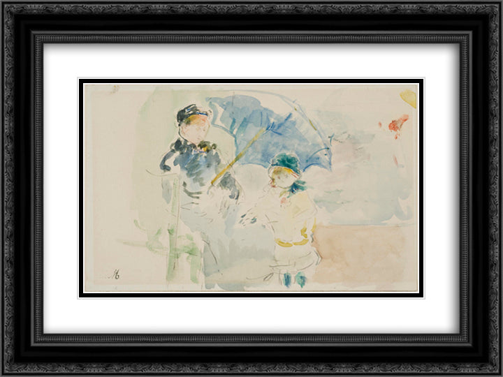 At the Beach in Nice 24x18 Black Ornate Wood Framed Art Print Poster with Double Matting by Morisot, Berthe