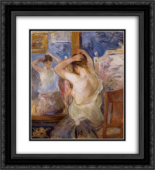 Before the Mirror 20x22 Black Ornate Wood Framed Art Print Poster with Double Matting by Morisot, Berthe