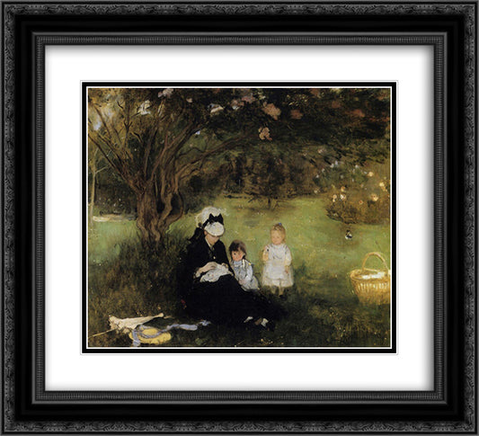 Beneath the Lilac at Maurecourt 22x20 Black Ornate Wood Framed Art Print Poster with Double Matting by Morisot, Berthe