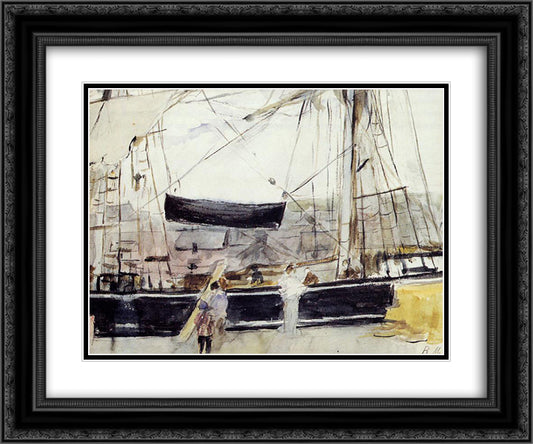 Boat on the Quay 24x20 Black Ornate Wood Framed Art Print Poster with Double Matting by Morisot, Berthe