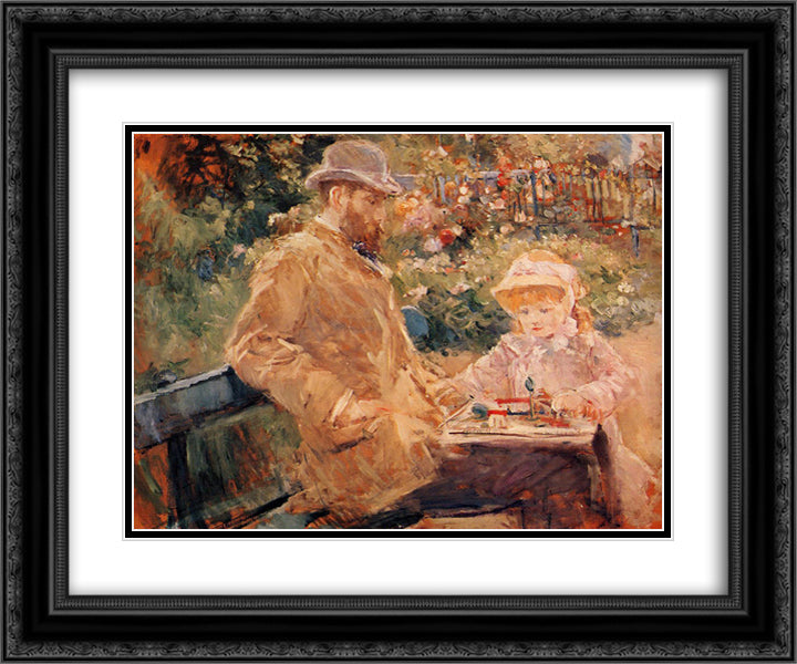 Eugene Manet with his daughter at Bougival 24x20 Black Ornate Wood Framed Art Print Poster with Double Matting by Morisot, Berthe