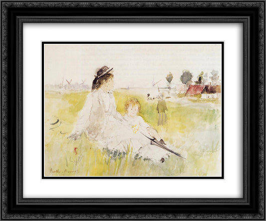 Girl and Child on the Grass 24x20 Black Ornate Wood Framed Art Print Poster with Double Matting by Morisot, Berthe