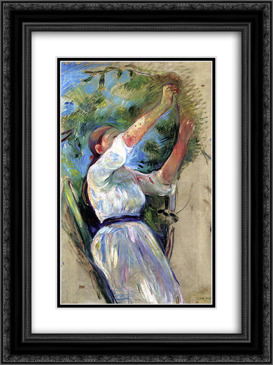 Girl gathering cherries 18x24 Black Ornate Wood Framed Art Print Poster with Double Matting by Morisot, Berthe