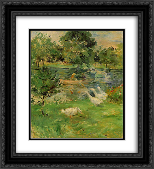 Girl in a Boat, with Geese 20x22 Black Ornate Wood Framed Art Print Poster with Double Matting by Morisot, Berthe
