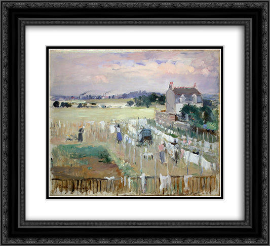 Hanging the Laundry out to Dry 22x20 Black Ornate Wood Framed Art Print Poster with Double Matting by Morisot, Berthe