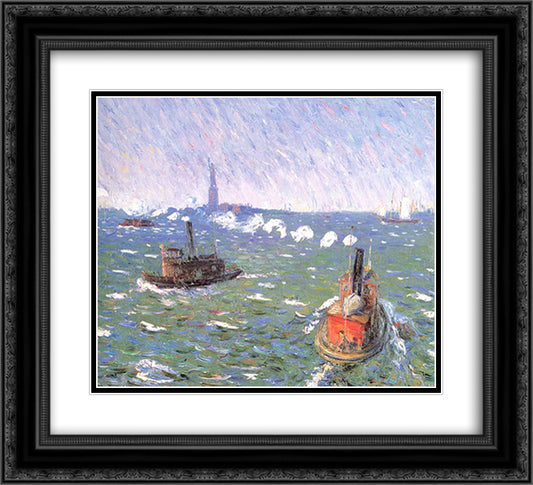 Breezy Day Tugboats New York Harbor 22x20 Black Ornate Wood Framed Art Print Poster with Double Matting by Glackens, William James