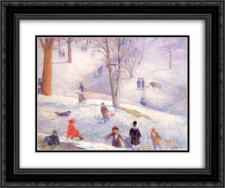 Sledding in Central Park 24x20 Black Ornate Wood Framed Art Print Poster with Double Matting by Glackens, William James