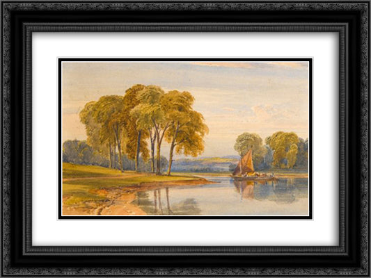 A Sailing Boat on a River 24x18 Black Ornate Wood Framed Art Print Poster with Double Matting by Leitch, William Leighton