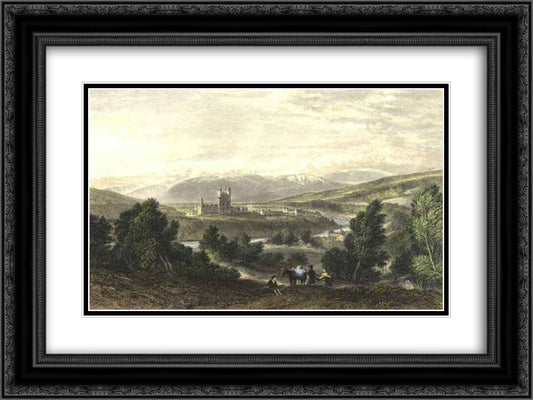 Balmoral castle, drawn by Leitch, engraved by J. Godfrey 24x18 Black Ornate Wood Framed Art Print Poster with Double Matting by Leitch, William Leighton
