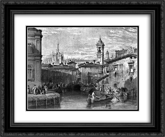 Boat scene at Milan, drawing by Leitch, engraving by T. Higham 24x20 Black Ornate Wood Framed Art Print Poster with Double Matting by Leitch, William Leighton