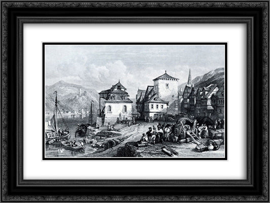 St. Goar um 1835, engraving by J.W. Archer after Leitch 24x18 Black Ornate Wood Framed Art Print Poster with Double Matting by Leitch, William Leighton