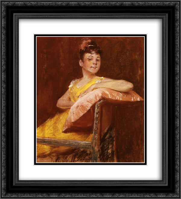 A Girl in Yellow (aka The Yellow Gown) 20x22 Black Ornate Wood Framed Art Print Poster with Double Matting by Chase, William Merritt