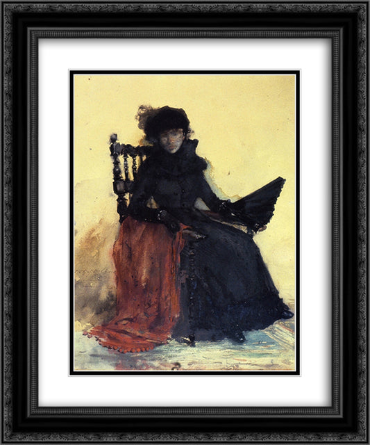 A Lady in Black (aka The Red Shawl) 20x24 Black Ornate Wood Framed Art Print Poster with Double Matting by Chase, William Merritt