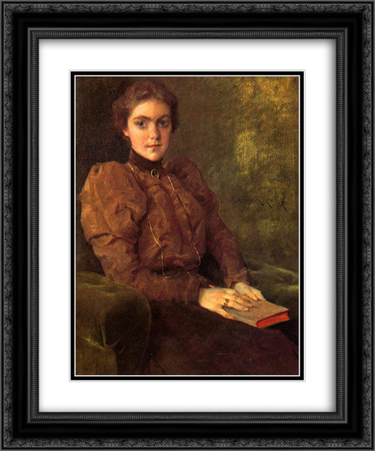 A Lady in Brown 20x24 Black Ornate Wood Framed Art Print Poster with Double Matting by Chase, William Merritt