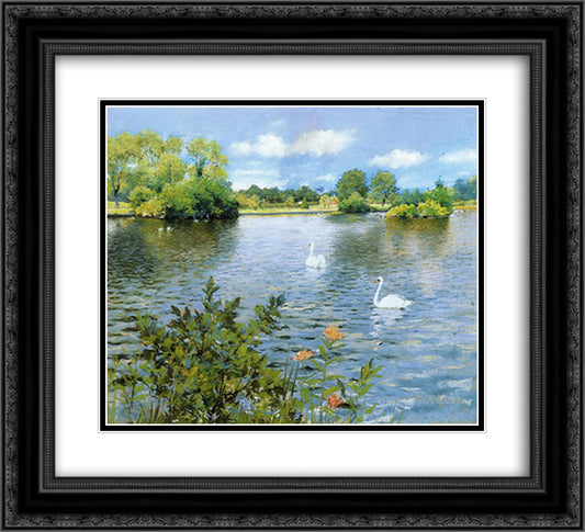 A Long Island Lake 22x20 Black Ornate Wood Framed Art Print Poster with Double Matting by Chase, William Merritt