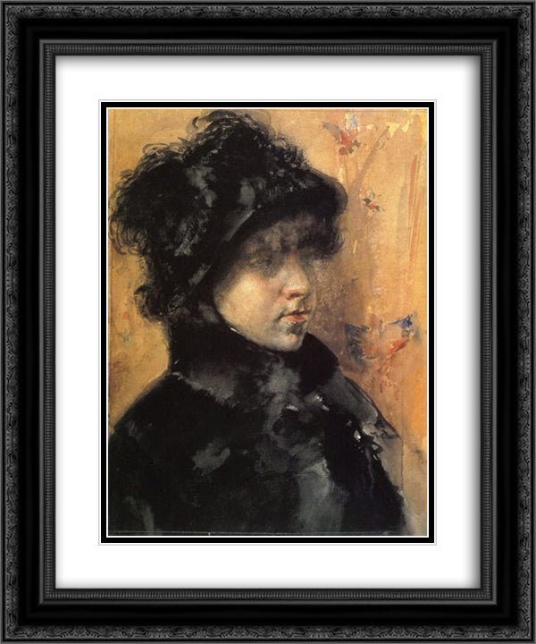 A Portrait Study 20x24 Black Ornate Wood Framed Art Print Poster with Double Matting by Chase, William Merritt