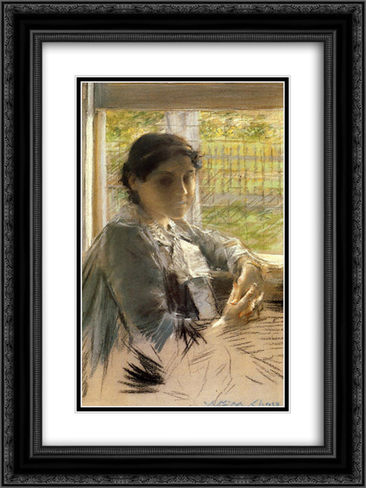 At the Window 18x24 Black Ornate Wood Framed Art Print Poster with Double Matting by Chase, William Merritt