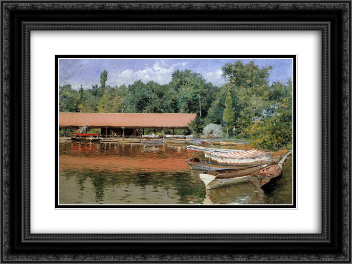 Boat House, Prospect Park (aka Boats on the Lake, Prospect Park) 24x18 Black Ornate Wood Framed Art Print Poster with Double Matting by Chase, William Merritt