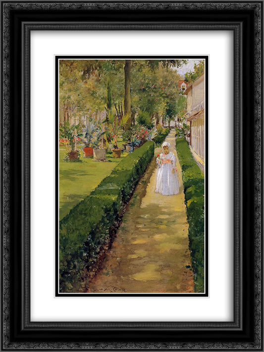 Child on a Garden Walk 18x24 Black Ornate Wood Framed Art Print Poster with Double Matting by Chase, William Merritt