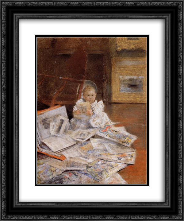 Child with Prints 20x24 Black Ornate Wood Framed Art Print Poster with Double Matting by Chase, William Merritt