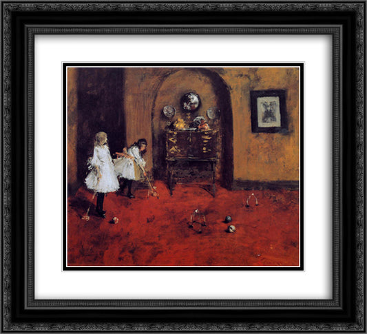 Children Playing Parlor Croquet (sketch) 22x20 Black Ornate Wood Framed Art Print Poster with Double Matting by Chase, William Merritt