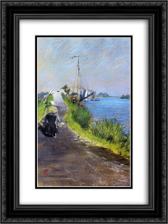 Dutch Canal (aka Canal Path Holland) 18x24 Black Ornate Wood Framed Art Print Poster with Double Matting by Chase, William Merritt