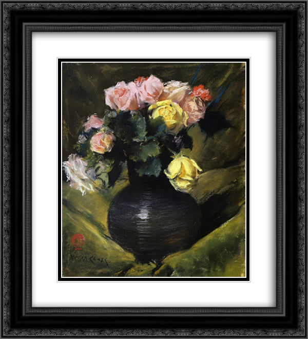 Flowers (aka Roses) 20x22 Black Ornate Wood Framed Art Print Poster with Double Matting by Chase, William Merritt