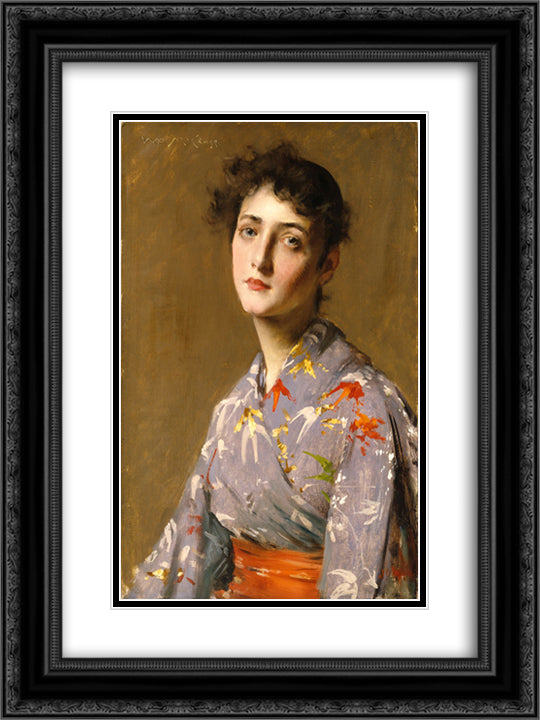 Girl in a Japanese Costume 18x24 Black Ornate Wood Framed Art Print Poster with Double Matting by Chase, William Merritt