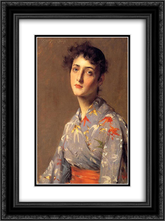 Girl in a Japanese Kimono 18x24 Black Ornate Wood Framed Art Print Poster with Double Matting by Chase, William Merritt