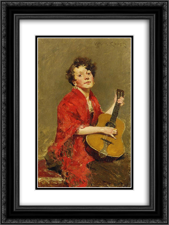 Girl with Guitar 18x24 Black Ornate Wood Framed Art Print Poster with Double Matting by Chase, William Merritt