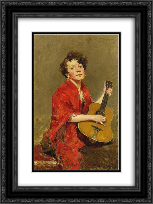 Girl with Guitar 18x24 Black Ornate Wood Framed Art Print Poster with Double Matting by Chase, William Merritt