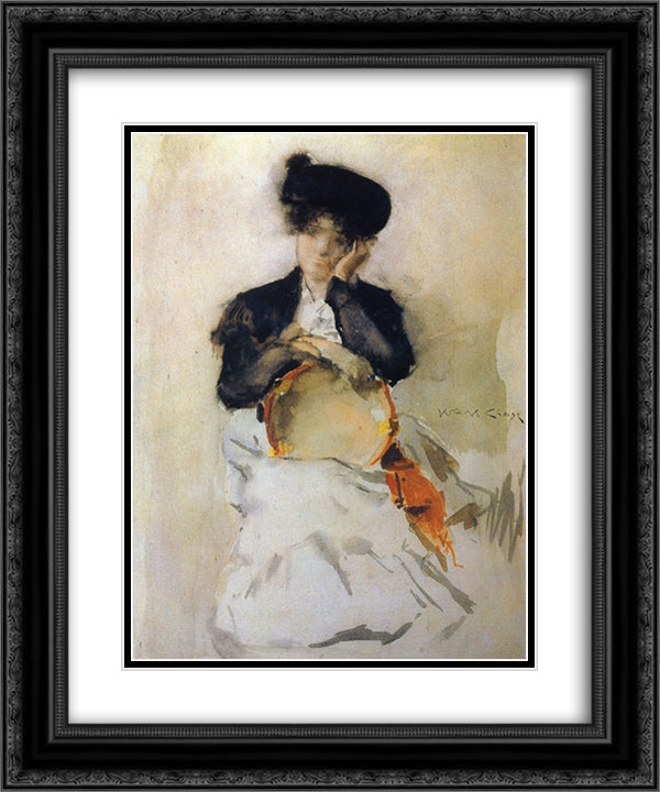 Girl with Tambourine 20x24 Black Ornate Wood Framed Art Print Poster with Double Matting by Chase, William Merritt