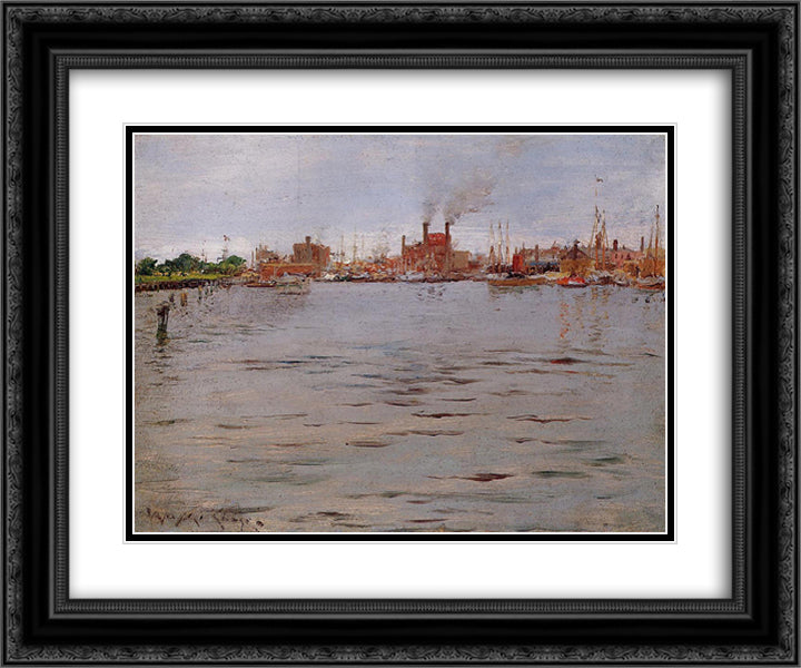 Harbor Scene, Brooklyn Docks 24x20 Black Ornate Wood Framed Art Print Poster with Double Matting by Chase, William Merritt