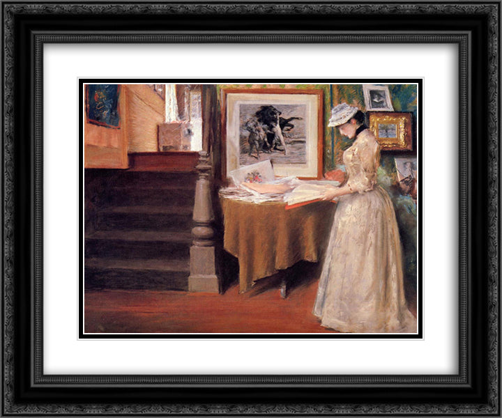 Interior, Young Woman at a Table 24x20 Black Ornate Wood Framed Art Print Poster with Double Matting by Chase, William Merritt