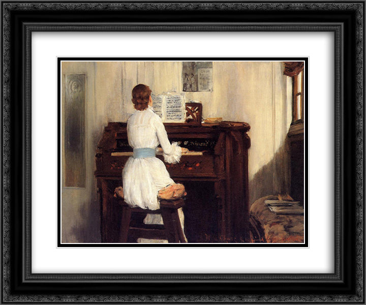 Mrs. Meigs at the Piano Organ 24x20 Black Ornate Wood Framed Art Print Poster with Double Matting by Chase, William Merritt