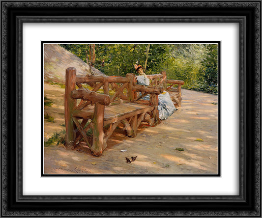 Park Bench (aka An Idle Hour in the Park - Central Park) 24x20 Black Ornate Wood Framed Art Print Poster with Double Matting by Chase, William Merritt