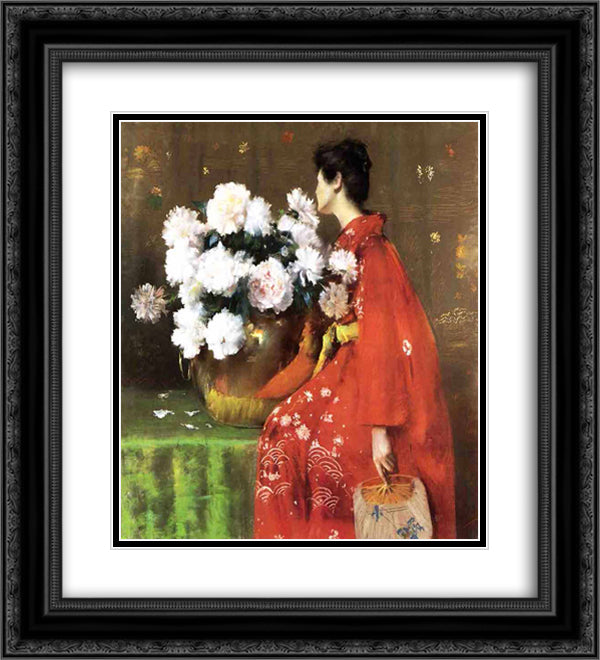 Peonies 20x22 Black Ornate Wood Framed Art Print Poster with Double Matting by Chase, William Merritt