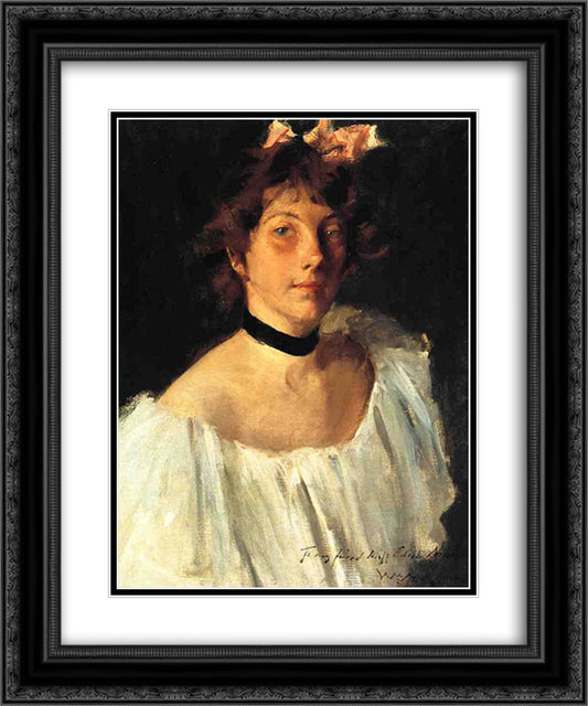 Portrait of a Lady in a White Dress (aka Miss Edith Newbold) 20x24 Black Ornate Wood Framed Art Print Poster with Double Matting by Chase, William Merritt