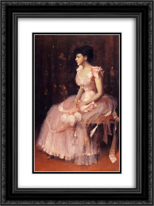 Portrait of a Lady in Pink (aka Lady in Pink Portrait of Mrs. Leslie Cotton) 18x24 Black Ornate Wood Framed Art Print Poster with Double Matting by Chase, William Merritt