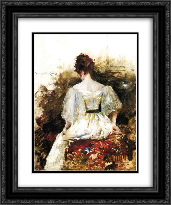 Portrait of a Woman - The White Dress 20x24 Black Ornate Wood Framed Art Print Poster with Double Matting by Chase, William Merritt