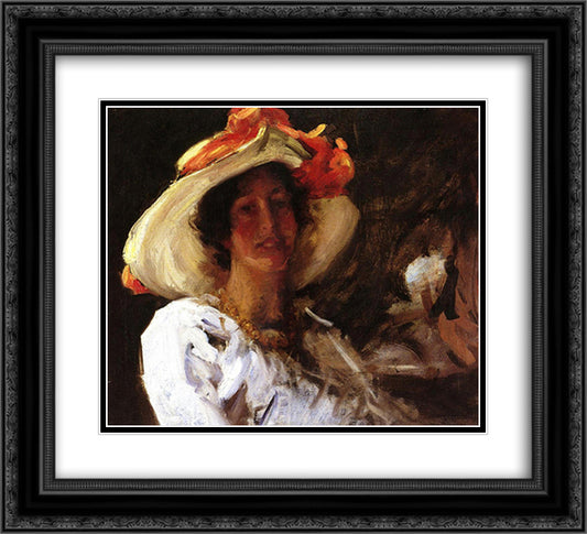 Portrait of Clara Stephens Wearing a Hat with an Orange Ribbon 22x20 Black Ornate Wood Framed Art Print Poster with Double Matting by Chase, William Merritt