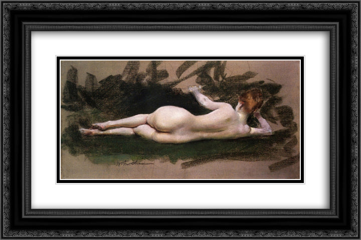 Reclining Nude 24x16 Black Ornate Wood Framed Art Print Poster with Double Matting by Chase, William Merritt